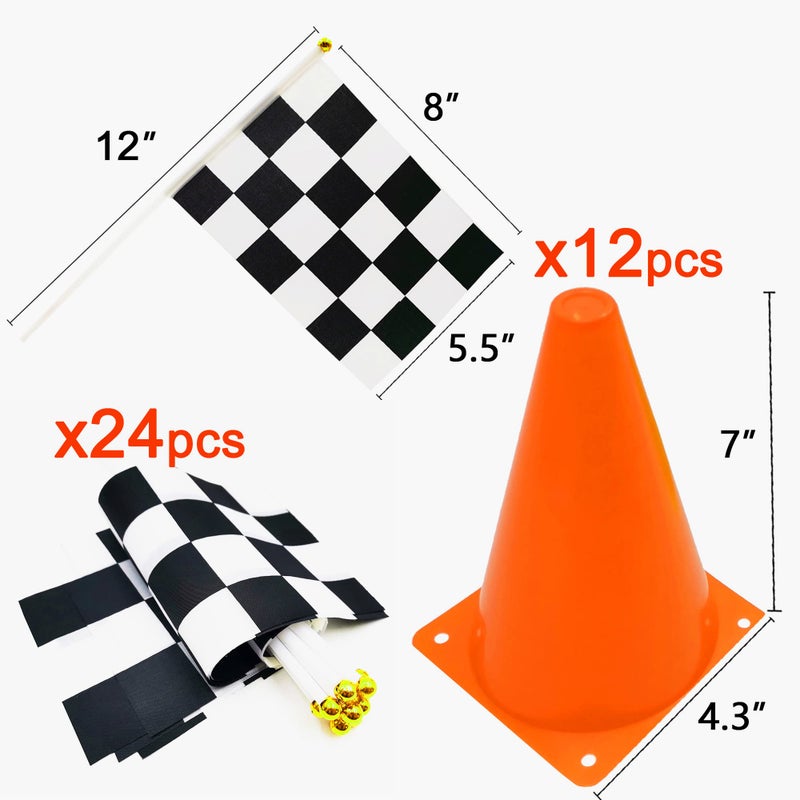 YOELVN 7inch Orange Racing Traffic Cones Party Decoration with Racing Checkered Flags 11inch Safety Sport Training Plastic Cones with Racing Flags Race Car Birthday Party Supplies Racing Themed Party - Image 2